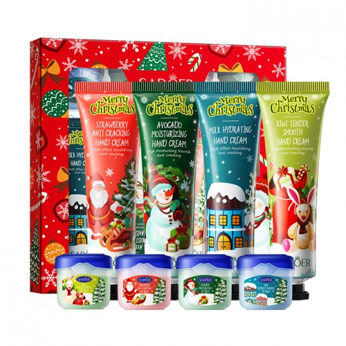 Набор подарочный Новогодний из 8 средств SADOER, 4 крема для рук + 4 бальзама для губ