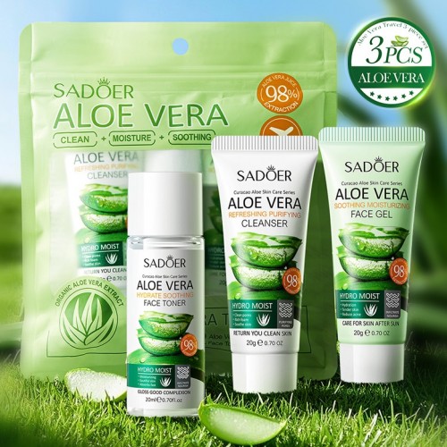 Дорожный набор из 3 средств для лица с экстрактом Алоэ Sadoer (Пенка + Тонер + Гель), 20*20*20 гр.