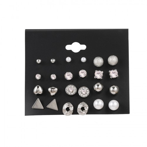 Набор сережек-гвоздиков 12 пар. Цвет: Серебро