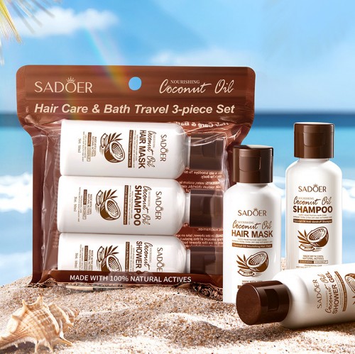 Дорожный набор косметики 3 в 1 с кокосом (Шампунь, Маска для волос, Гель для душа), 50+50+50 мл.