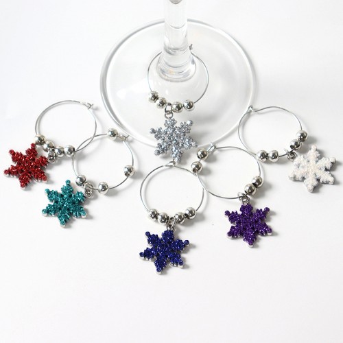 Маркеры для бокалов с подвесками "Блестящие Снежинки", набор 6 штук. Металлические