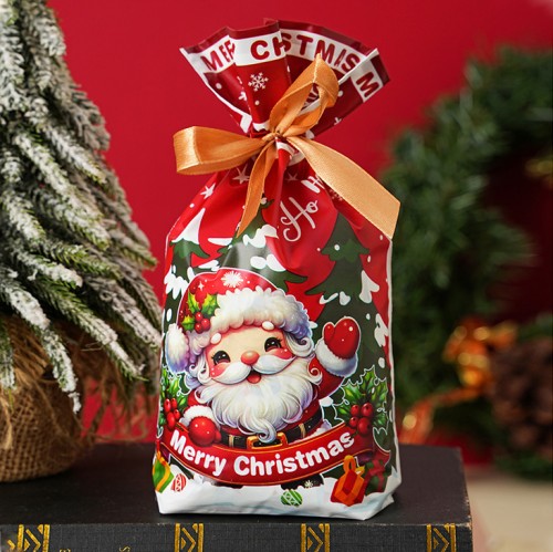Пакет новогодний с атласной лентой для подарков и конфет 23*15 см. "Дед Мороз" Красный