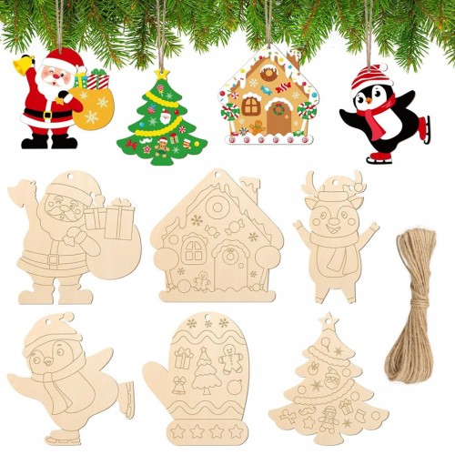 Новогодние елочные игрушки-заготовки из дерева для раскрашивания, Набор 6 штук (Высота 10 см.) с веревками