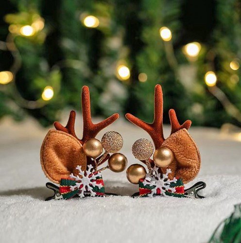 Новогодние заколки "Ушки Оленя с рожками", Набор 2 штуки. СНЕЖИНКИ с БАНТИКАМИ