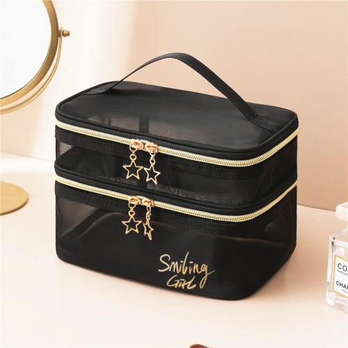 Косметичка двухъярусная прозрачная из плотной сетки 21*15*13 см., Smiling Girl