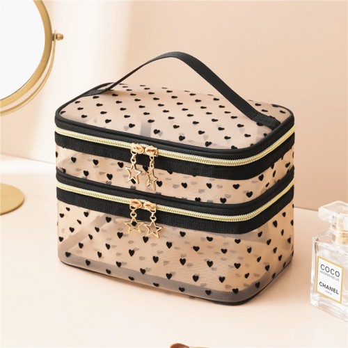 Косметичка двухъярусная прозрачная из плотной сетки 21*15*13 см., Бежевая С СЕРДЕЧКАМИ