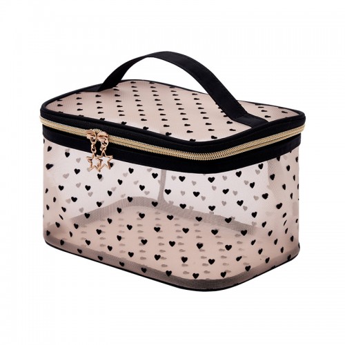 Косметичка прозрачная из плотной сетки 21*13*12 см., Бежевая С СЕРДЕЧКАМИ