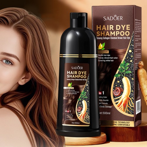 Шампунь для коричневых волос оттеночный с женьшенем, черным кунжутом и грибом рейши Sadoer, 500 мл.