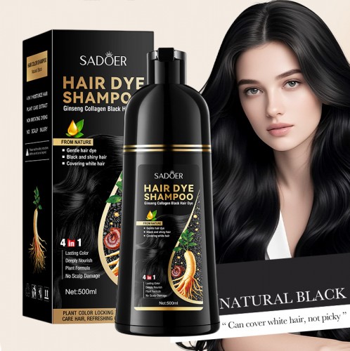 Шампунь для черных волос оттеночный с женьшенем, черным кунжутом и грибом рейши Sadoer, 500 мл.